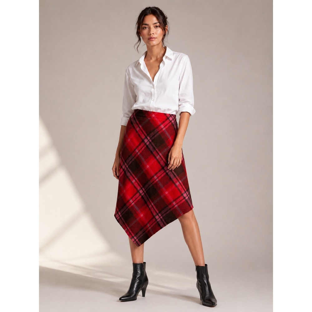 French Connection Handkerchief Hem Skirt Womens 6 Red‎ Plaid Wool Blend Academic